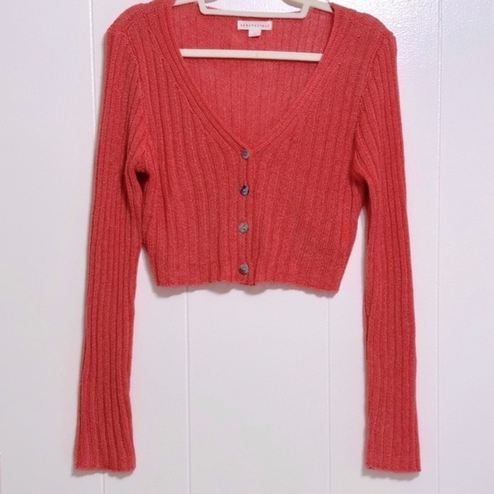 Aeropostale Red Ribbed Cardigan Sweater
